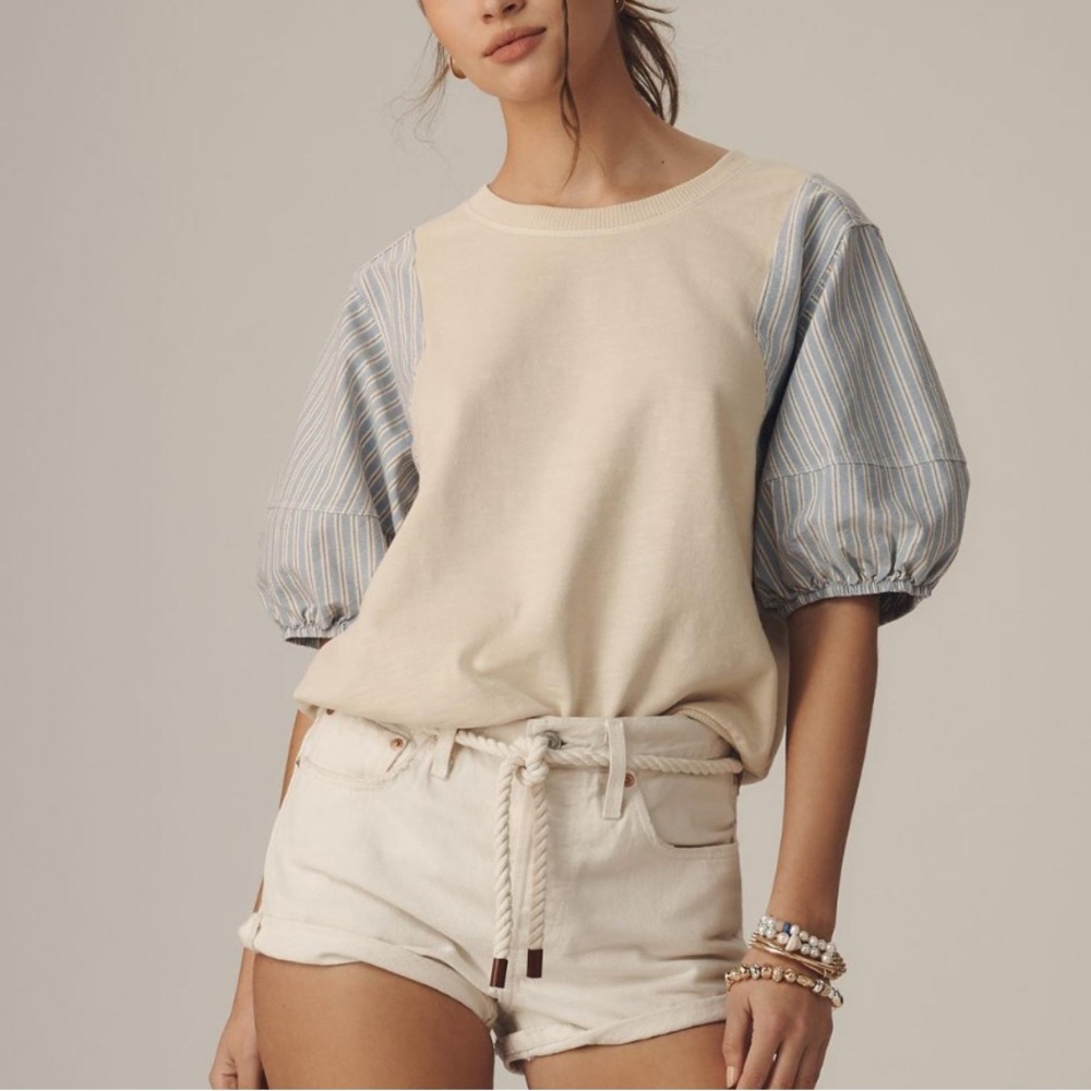 Pilcro Cream and Blue Puff Sleeve Top